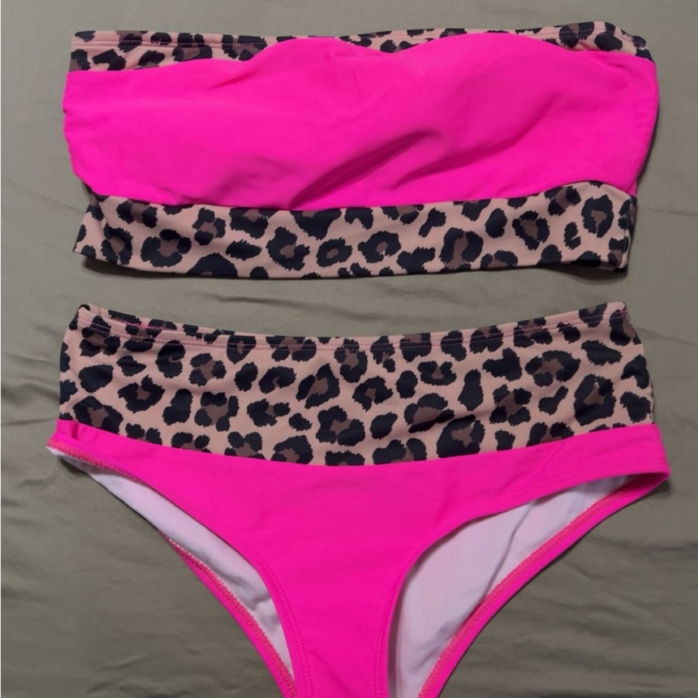 Pink Lily Neon Pink Leopard Bandeau Bikini Set